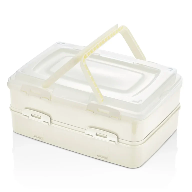 Herzberg Duplex Kétszintes süteményes doboz csíptetős fedéllel, BPA-mentes, 42 x 29 x 18cm, bézs