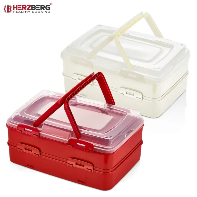 Herzberg Duplex Kétszintes süteményes doboz csíptetős fedéllel, BPA-mentes, 42 x 29 x 18cm, piros