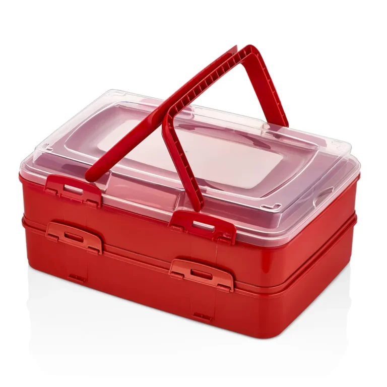 Herzberg Duplex Kétszintes süteményes doboz csíptetős fedéllel, BPA-mentes, 42 x 29 x 18cm, piros