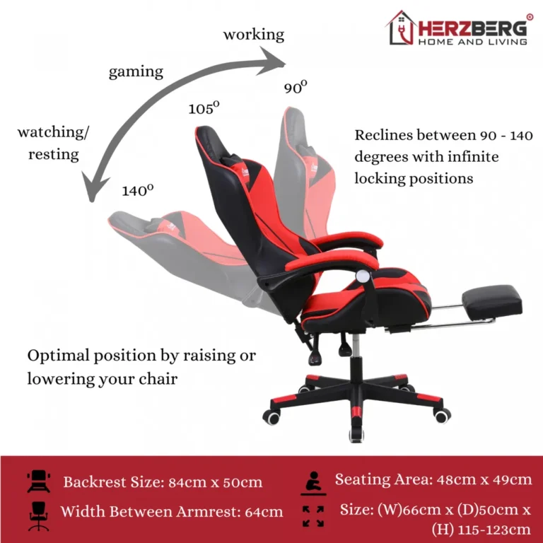 Herzberg gamer és irodai szék kihajtható lábtartóval, nyak- és derékpárnával, PVC bőr, piros