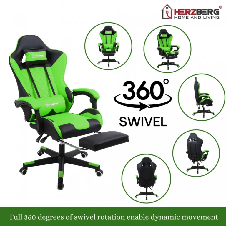 Herzberg gamer és irodai szék kihajtható lábtartóval, nyak- és derékpárnával, PVC bőr, sárga
