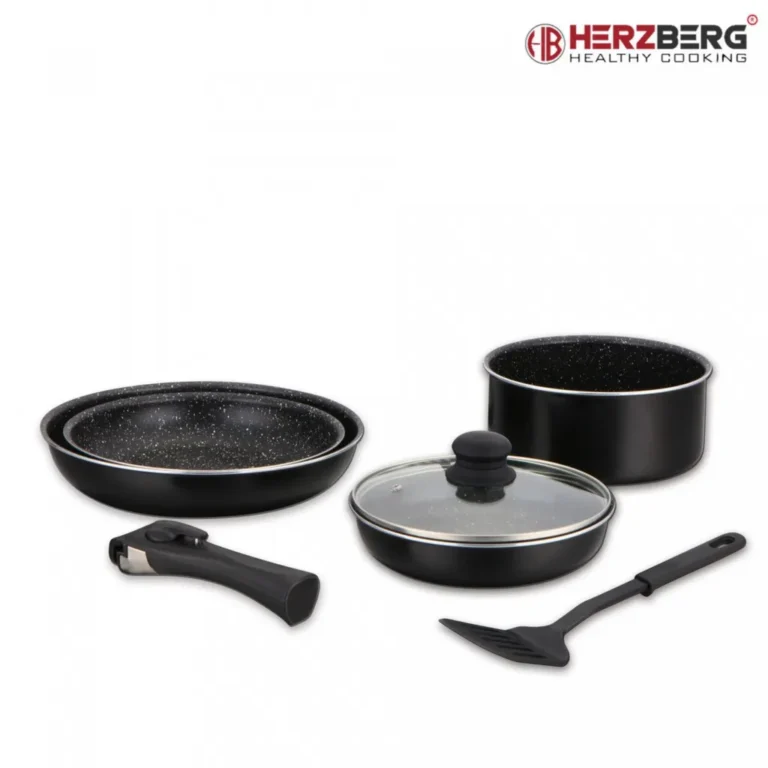Herzberg 4 db-os márvány bevonatú edénykészlet 1 üvegfedővel, levehető nyéllel, főzőlapáttal, fekete