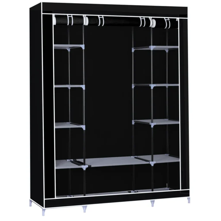 Herzberg hordozható gardrób, szövet ruhásszekrény acél vázzal, 12 polccal, függő sínnel, fekete, 150 x 45 x 175 cm