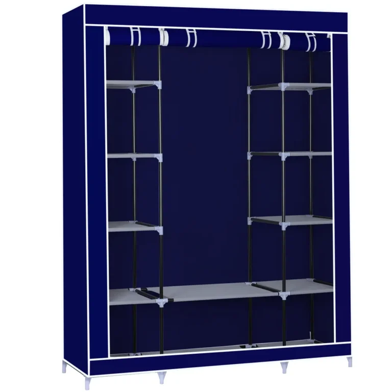 Herzberg hordozható gardrób, szövet ruhásszekrény acél vázzal, 12 polccal, függő sínnel, kék, 150 x 45 x 175 cm