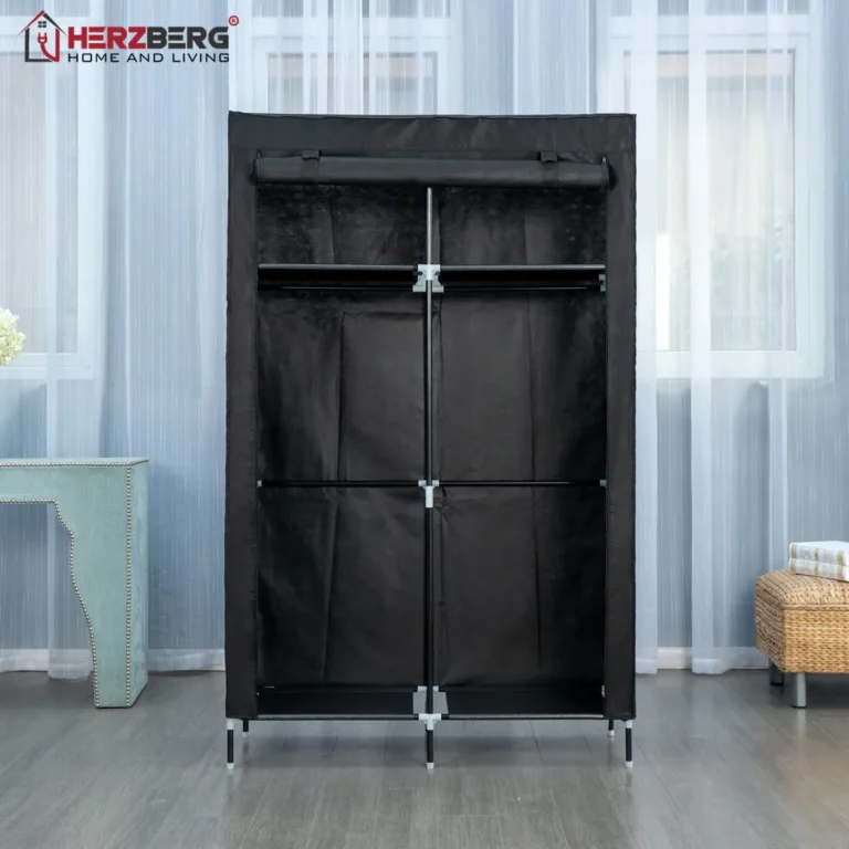 Herzberg 4 polcos hordozható gardrób, szövet ruhásszekrény acél vázzal, fekete, 108 x 45 x 170 cm