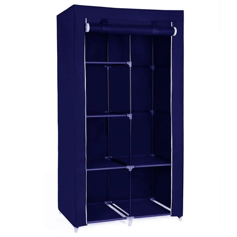 Herzberg hordozható gardrób, szövet ruhásszekrény acél vázzal, 6 polccal, függő sínnel, kék, 110 x 45 x 175 cm