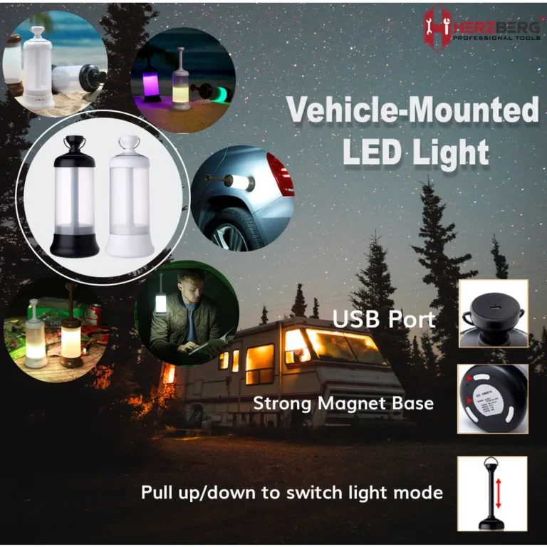Herzberg Járműre rögzíthető többfunkciós LED lámpa, 4 mód, USB, 21 x 8cm, fehér