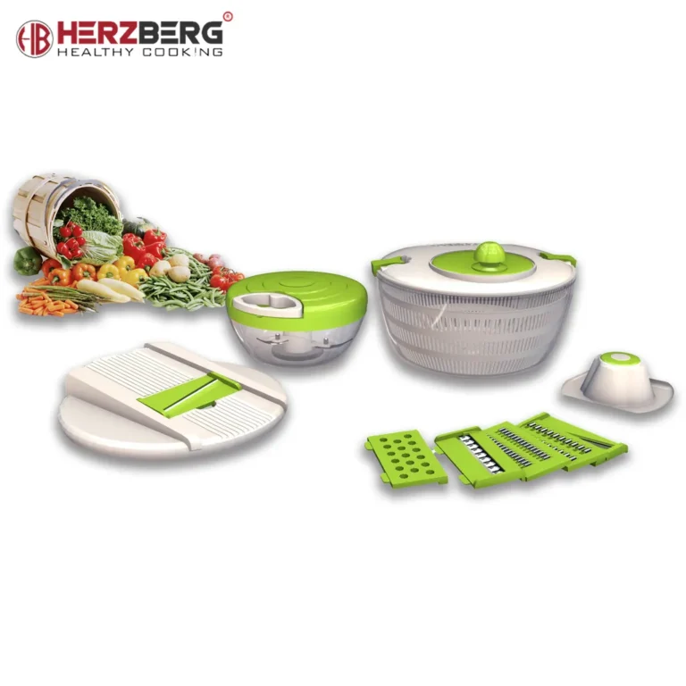 Herzberg multifunkciós zöldségszeletelő- és centrifuga 6 cserélhető rozsdamentes acél pengével, fehér-zöld
