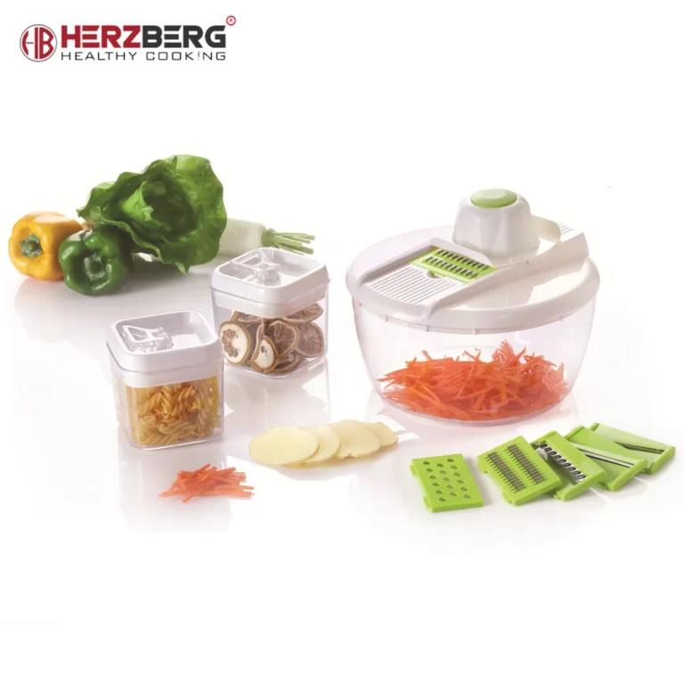 Herzberg zöldség szeletelő és tároló készlet 6 cserélhető rozsdamentes acél pengével, tállal 600 ml, zöld-fehér