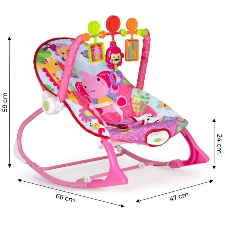 Rugós baba hintaszék játékokkal, rózsaszín, színes mintákkal, hangokkal, 18 kg-ig