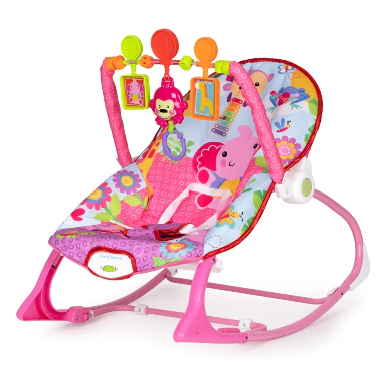 Rugós baba hintaszék játékokkal, rózsaszín, színes mintákkal, hangokkal, 18 kg-ig