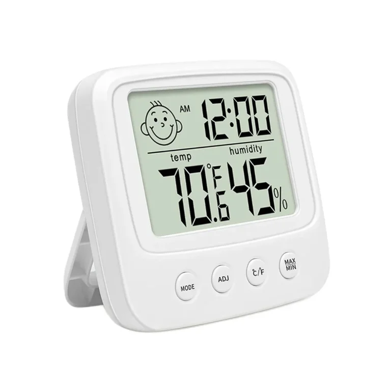 Beltéri hőmérő+páratartalom-mérő+óra világítással, LCD kijelző, fehér, 8,5x8x2,5 cm