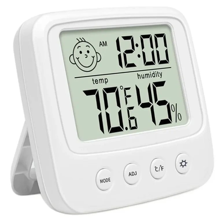Beltéri hőmérő+páratartalom-mérő+óra világítással, LCD kijelző, fehér, 8,5x8x2,5 cm