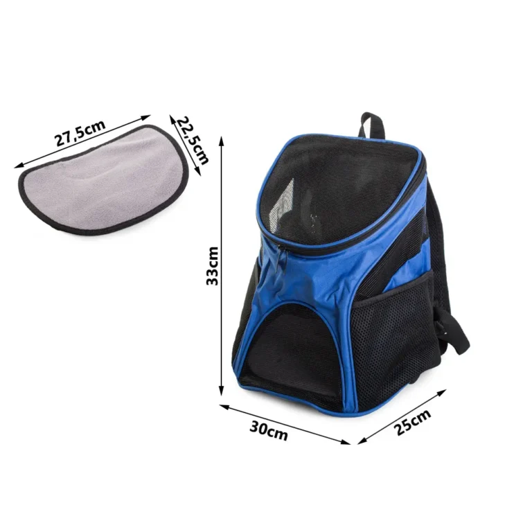Kisállat hordozó hátizsák hálós szellőzővel, 10 kg-ig, 35x31x23 cm, fekete-kék