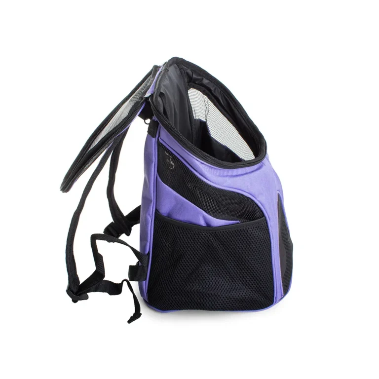 Kisállat hordozó hátizsák hálós szellőzővel, 10 kg-ig, 35x31x23 cm, fekete-lila