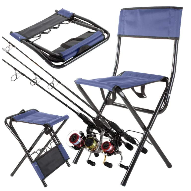 Összecsukható horgász- kemping- túra szék háttámlával, bottartóval, 69x40 cm, kék