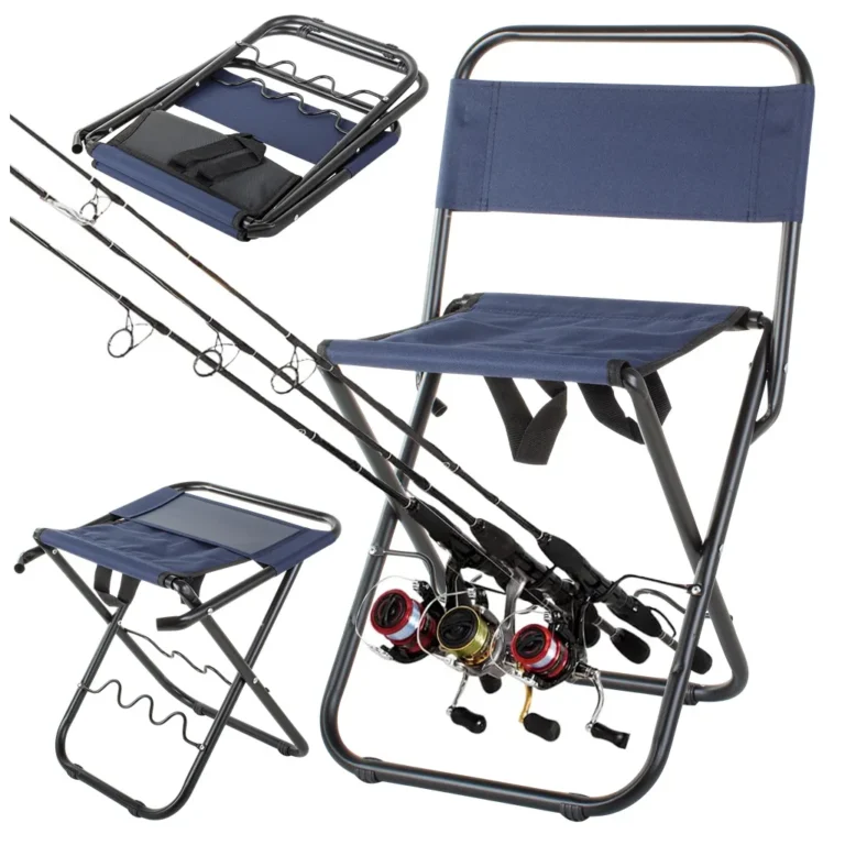 Összecsukható horgász- kemping- túra szék háttámlával, bottartóval, 60x35 cm, kék