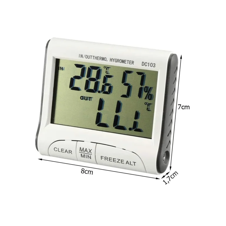 Időjárás állomás, hőmérséklet, páratartalom mérő LCD kijelzővel, 8cm x 7cm x 1,7cm, fehér