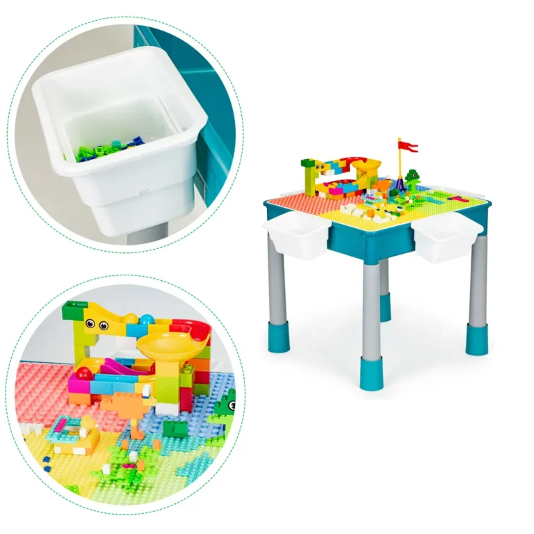 Építőasztal/játékasztal székkel, 4 oldalsó tárolórekesszel, LEGO kompatibilis építőkockákkal,  51x51x48 cm, színes