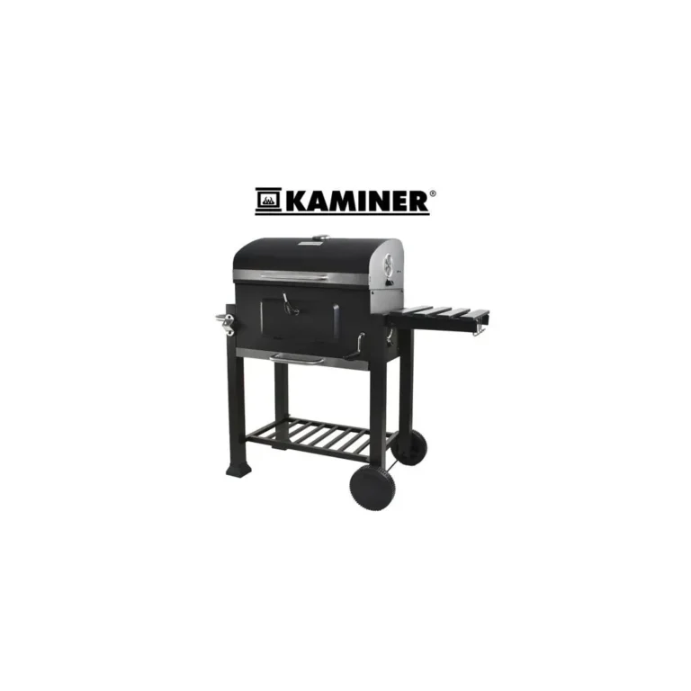 Kaminer BBQ Faszenes grillsütő hőmérős fedéllel, tárolópolcokkal, kerekekkel, 113,5x57x117 cm