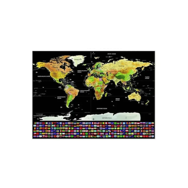 Kaparós világtérkép, angol, zászlók, 82x59 cm, többszínű