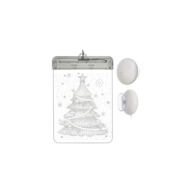 Akkumulátoros, karácsonyfa mintás, tapadókorongos gravírozott műanyag ablakdísz/hangulatvilágítás 6 féle világítási móddal, 17x11.5x1.5 cm