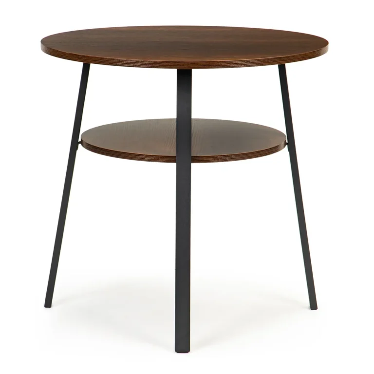 Dohányzóasztal, olvasóasztal, kör alakú, 2 szintes, barna, fa, fekete fém lábbal, 60x60x58 cm