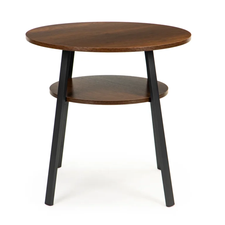 Dohányzóasztal, olvasóasztal, kör alakú, 2 szintes, barna, fa, fekete fém lábbal, 60x60x58 cm
