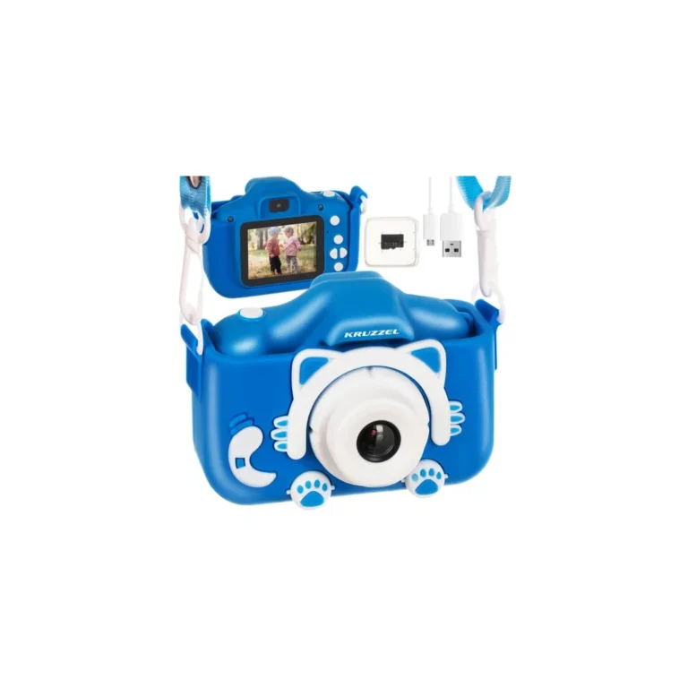 Kék Full HD Gyermekkamera + 32GB Kártya + Cica Overlay + Beépített Játékok + Selfie Kamera