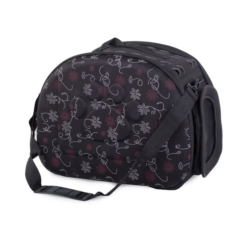 Összehajtható elegáns kisállathordozó táska vállpánttal, 36x40x27,5 cm, fekete-virágmintás