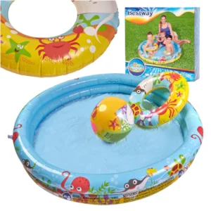 Kerek, fellfújható medence labdával, úszógumival, tenger minta, 122cm, BESTWAY 51124