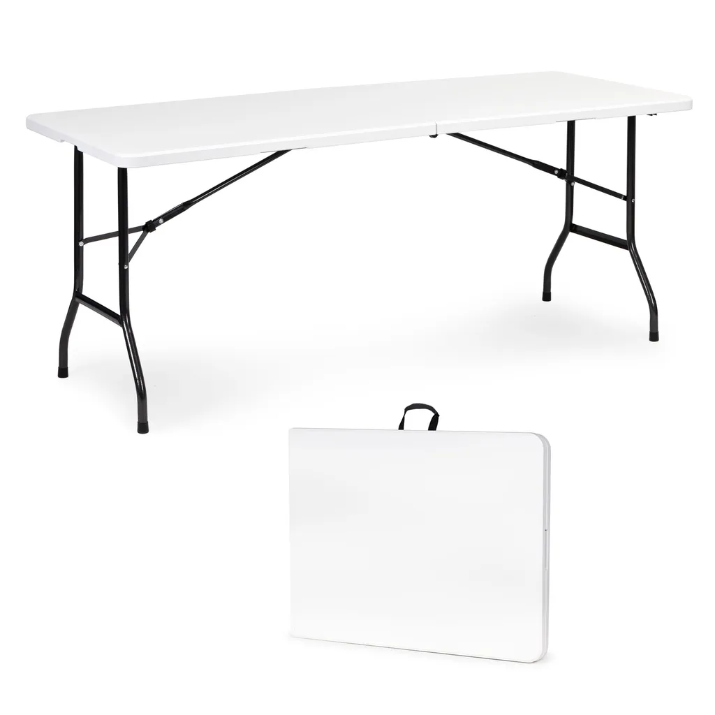 Összecsukható nagyméretű kempingasztal, 180x70 cm, szállítófogantyúval, fehér, fekete lábakkal