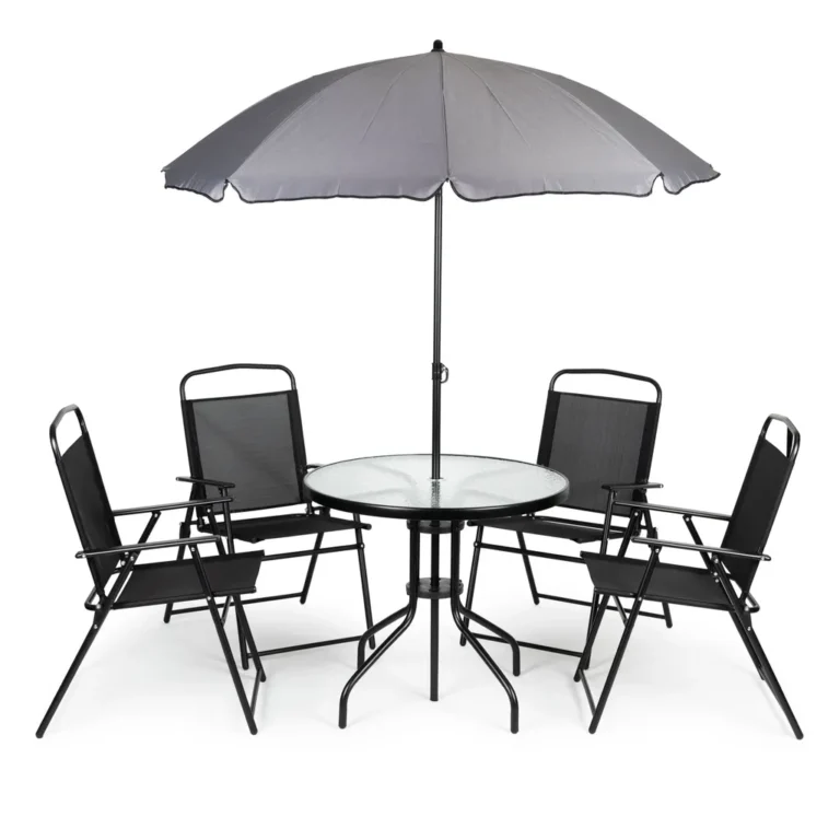 Kerti bútor garnitúra üveges asztallal (80×70 cm), 4 székkel, napernyővel (157x3x206 cm), porzsórt acél váz, szürke-fekete