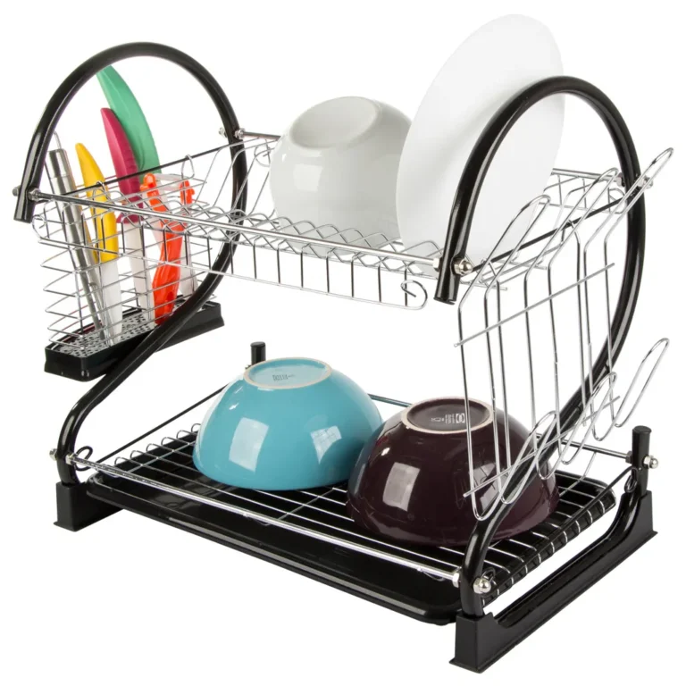 Kétszintes konyhai edényszárító kivehető tálcával, oldalsó evőeszköz- és fedőtárolóval, 38x52x25.5 cm, fekete-króm szín