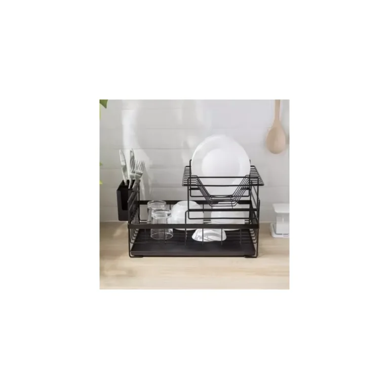 Ruhhy Kétszintes edényszárító, csepegtető tálcával, fém/műanyag, 43 x 29 x 27 cm, fekete