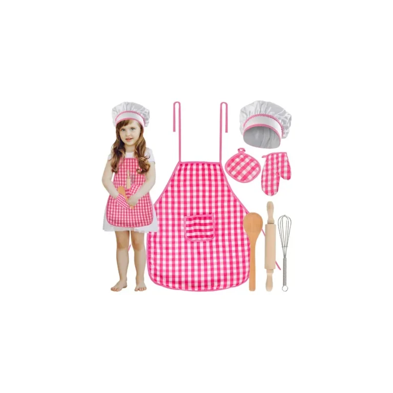 Gyerek cukrász készlet köténnyel, kukta sapkával, kiegészítőkkel, rózsaszín kockás
