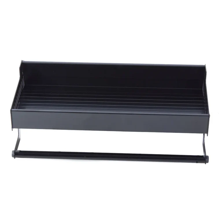 Falra akasztható tároló polc konyharuha tartó rúddal, akasztókkal, 30x13x11 cm, fekete