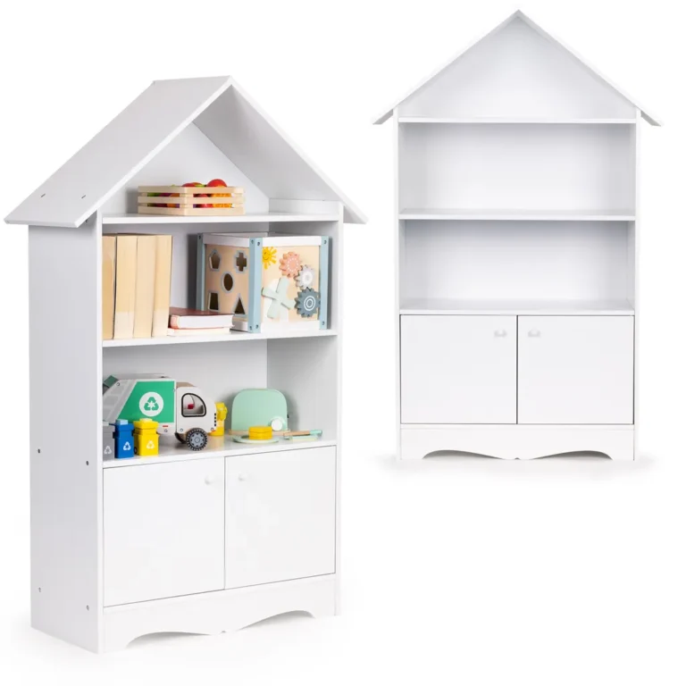 Ecotoys gyerek könyvespolc, házikó alakú szekrény, 74×28,5×115,5 cm, fehér