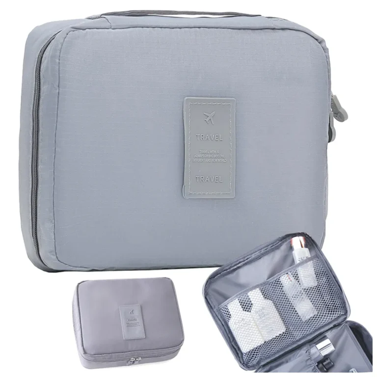 Cipzáros kozmetikai- utazó táska 2 hálós zsebbel, 20cm x 17cm x 8cm, szürke