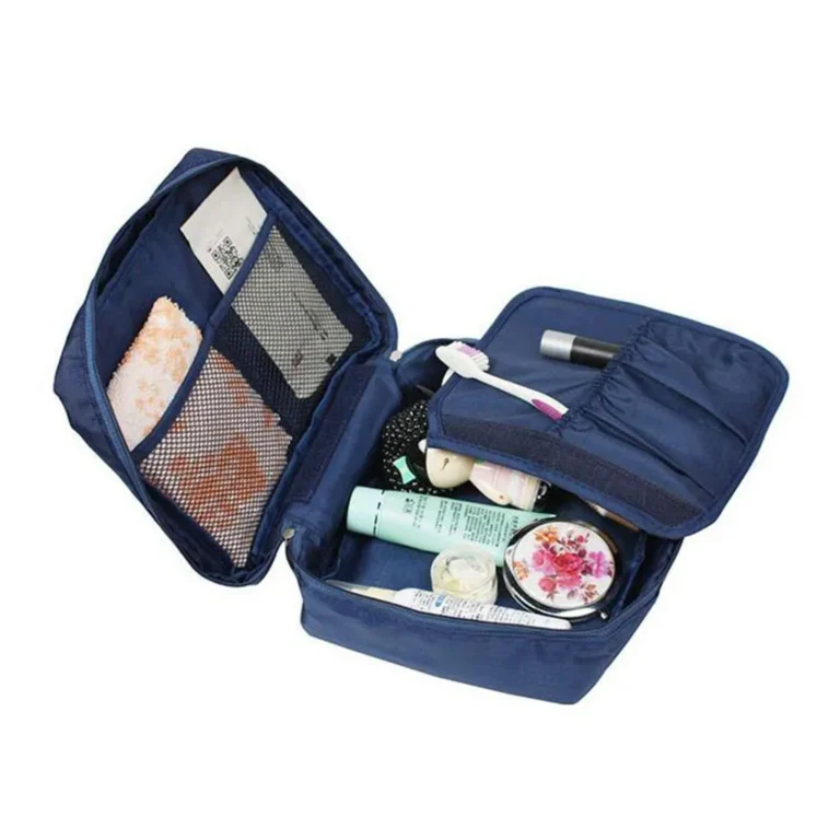 Cipzáros kozmetikai- utazó táska 2 hálós zsebbel, 20cm x 17cm x 8cm, kék