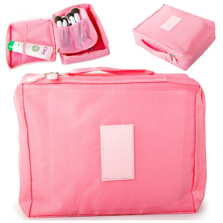 Cipzáros kozmetikai- utazó táska 2 hálós zsebbel, 20cm x 17cm x 8cm, rózsaszín