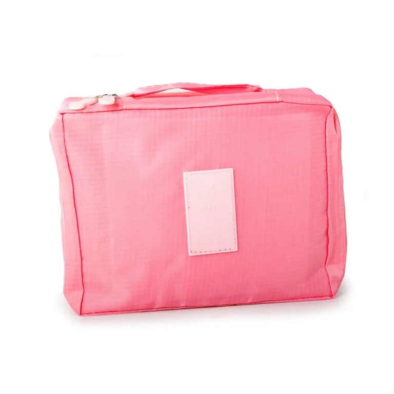 Cipzáros kozmetikai- utazó táska 2 hálós zsebbel, 20cm x 17cm x 8cm, rózsaszín