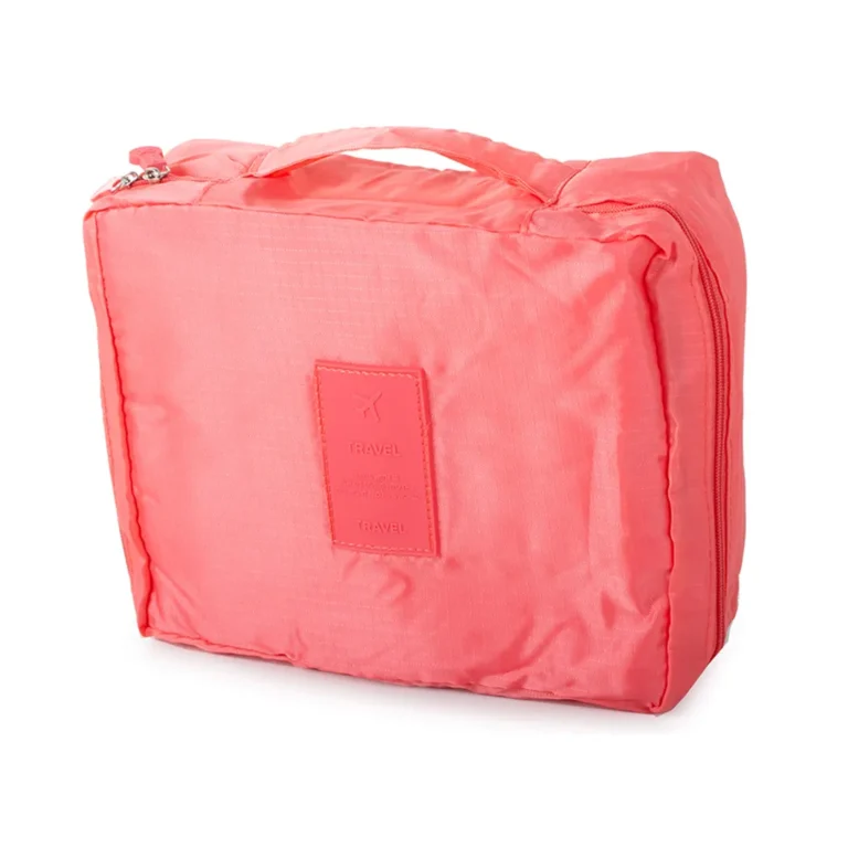 Cipzáros kozmetikai- utazó táska 2 hálós zsebbel, 20cm x 17cm x 8cm, lazac színű