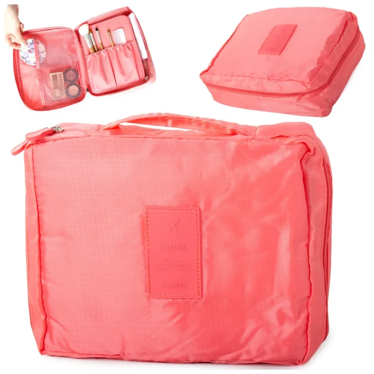 Cipzáros kozmetikai- utazó táska 2 hálós zsebbel, 20cm x 17cm x 8cm, lazac színű