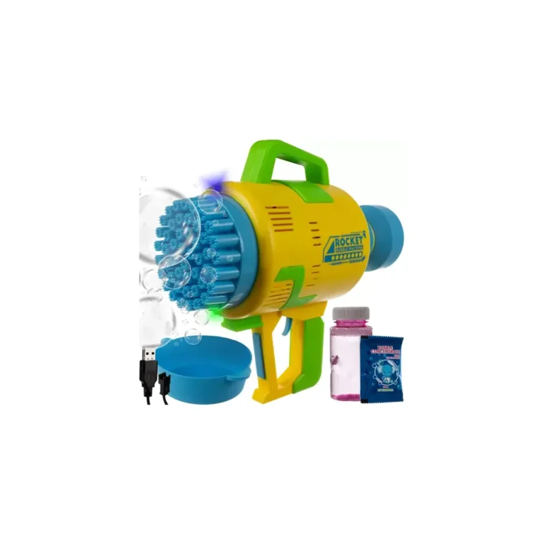 Buborékfújó játékfegyver, folyadékkal, USB töltés, színes, műanyag, 24x22x10