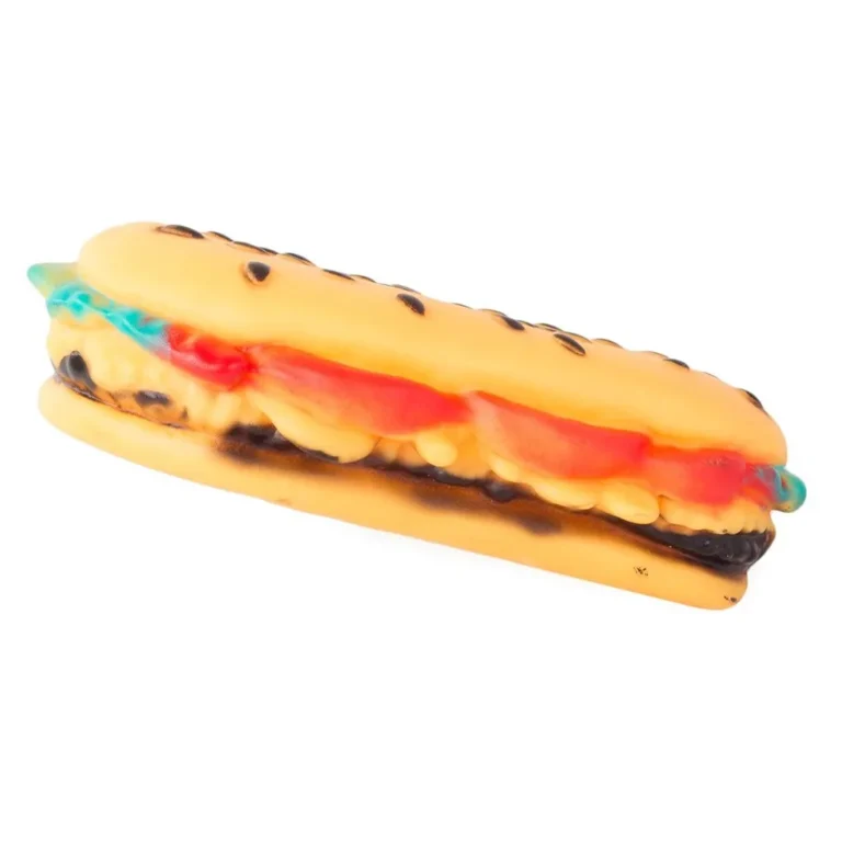Nyikorgó kutyajáték, gumi hamburger, 7x12.5 cm