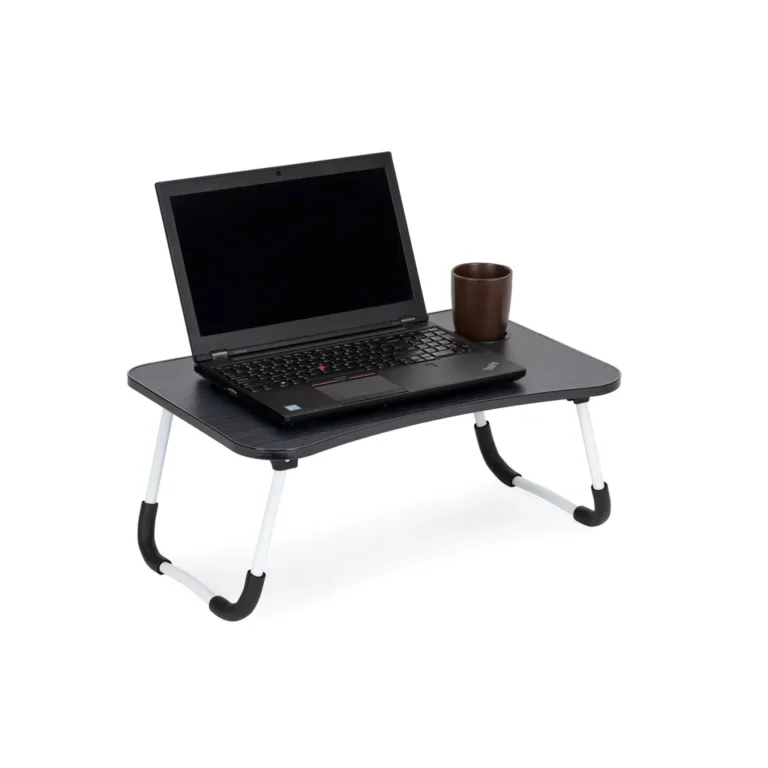 Laptopállvány pohártartóval, forgácslap alumínium lábakkal, 60x40x28 cm fekete