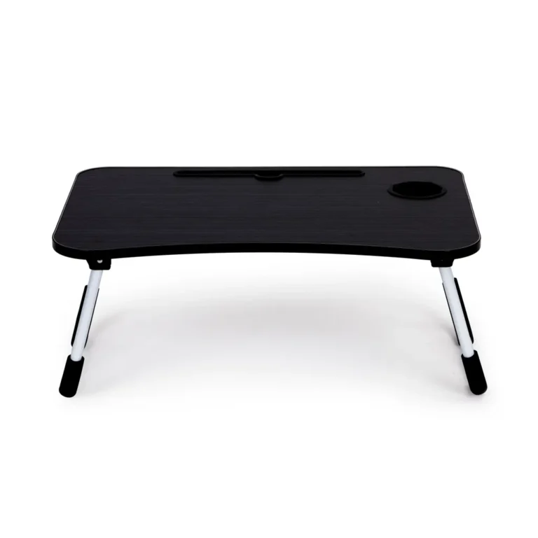Laptopállvány pohártartóval, forgácslap alumínium lábakkal, 60x40x28 cm fekete
