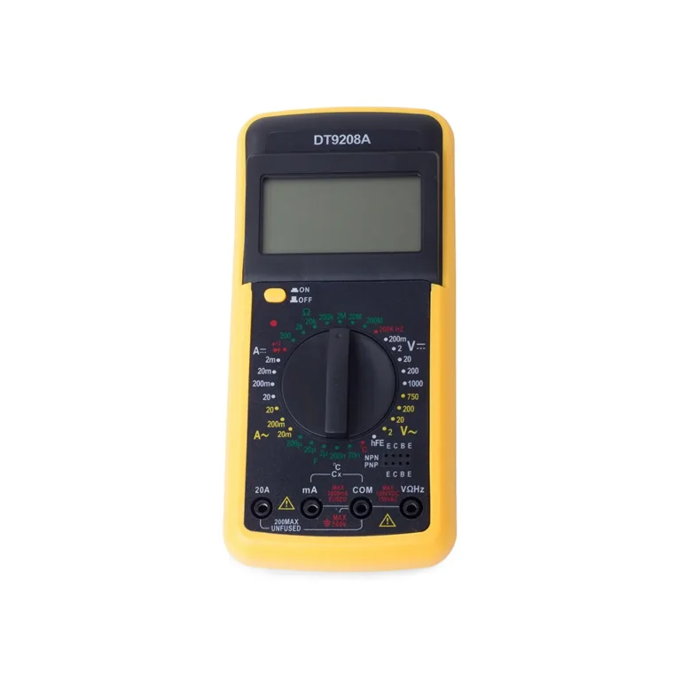 Digitális multiméter árammérő LCD kijelzővel, hőmérsékletmérővel, védő szilikon burkolattal, fekete-sárga
