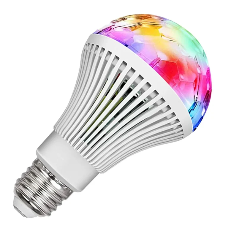 Forgó RGB LED izzó, színes diszkógömb, E27, 3W, 14x8 cm